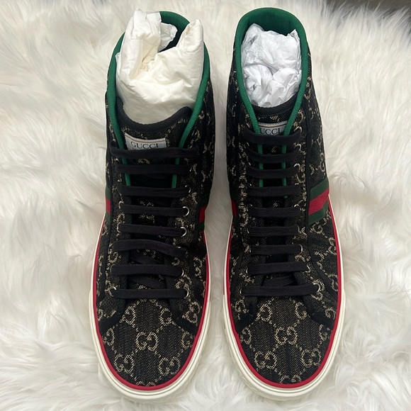 🆕💯% Auth Gucci Mens BLACK JACQUARD DENIM TENNIS 1977 HIGH-TOP SNEAKERS - Picture 9 of 15